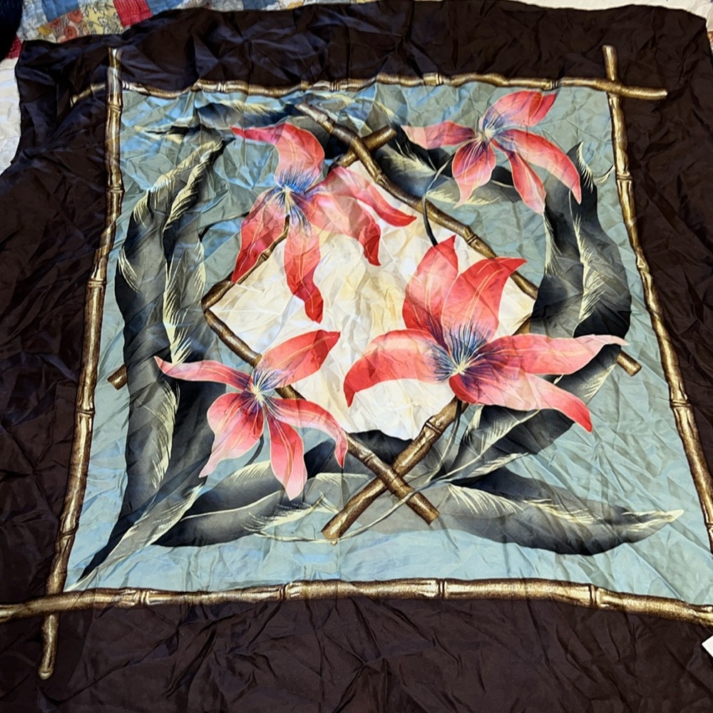 NWT Hand Rolled large silk scarf logo DD 34” square